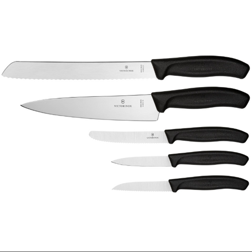 Knivsæt Victorinox Swiss Classic, 5 stk  Flot knivsæt med 2 urteknive med lige og bølger skær, tomatkniv, kokkekniv og brødkniv. Alle knivene har ergonomisk håndtag og er lette at arbejde med.