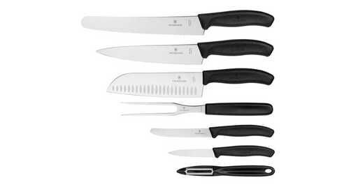 Knivsæt Victorinox Swiss Classic, 7 stk  Flot knivsæt med urtekniv, tomatkniv, Santoku-kniv, kokkekniv, brødkniv. Stegegaffel og kartoffelskræller. Alle redskaberne har ergonomiske håndtag og er lette at arbejde med.