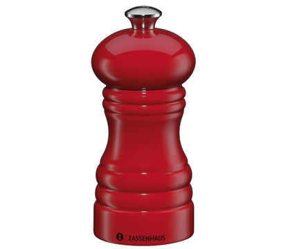 Peberkværn / Saltkværn 12 cm rød højglans  Zassenhaus står for design og høj kvalitet på den flotte peberkværn og saltkværn. Flot rød skinnende farve, der giver en hyggelig stemning på bordet og i køkkenet.