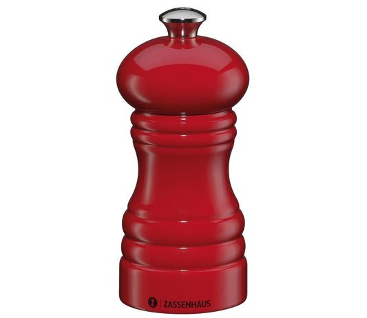 Peberkværn / Saltkværn 12 cm rød højglans  Zassenhaus står for design og høj kvalitet på den flotte peberkværn og saltkværn. Flot rød skinnende farve, der giver en hyggelig stemning på bordet og i køkkenet.
