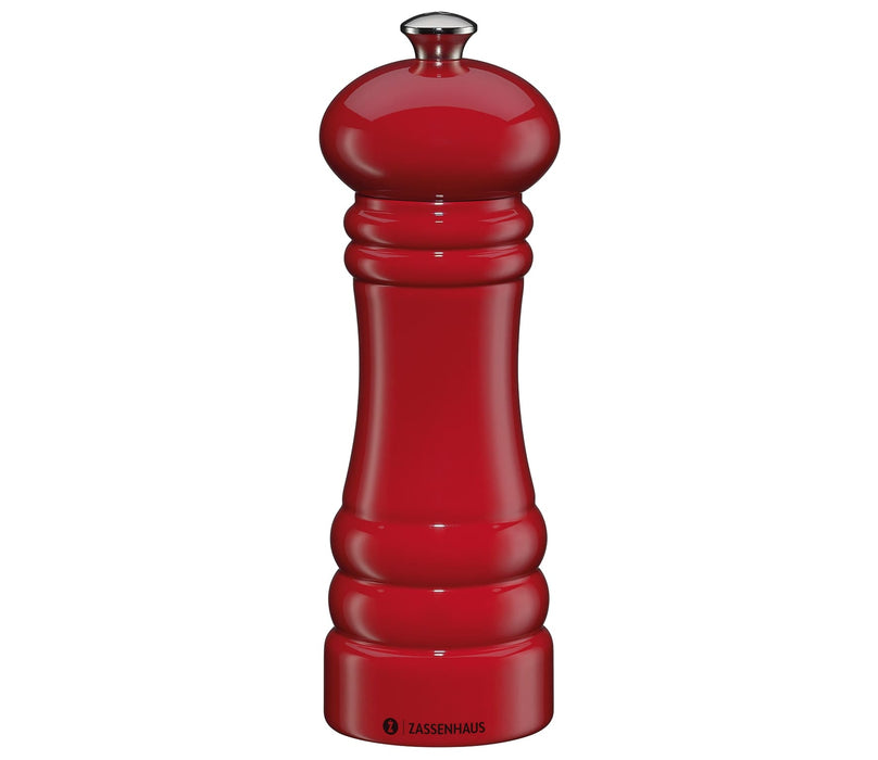 Peberkværn / Saltkværn 18 cm rød højglans  Zassenhaus står for design og høj kvalitet på den flotte peberkværn og saltkværn. Flot rød skinnende farve, der giver en hyggelig stemning på bordet og i køkkenet.