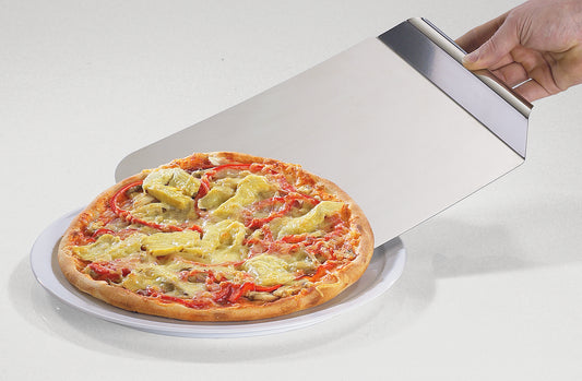 Pizzaspade / bagespatel i fremragende kvalitet, ergonomisk form, sikker håndtering. Til servering af tærter, kager, pizza. Designer kageservering i fremragende kvalitet.