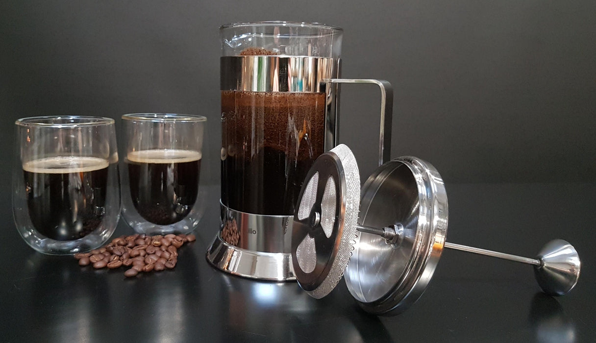 Stempelkande 800 ml (6 kopper) Rustfrit stål / glas  Lav nemt kaffe eller te på denne elegante stempelkande af poleret rustfrit stål og varmebestandigt specialglas.